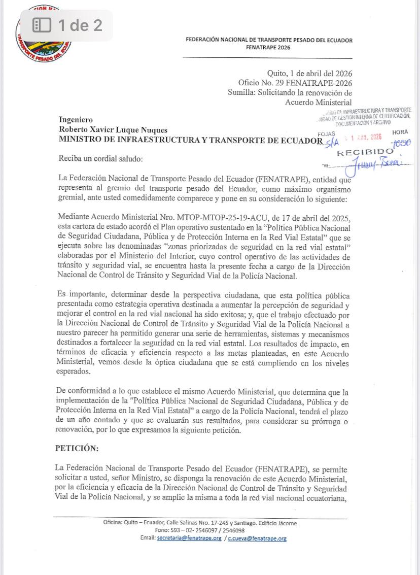 FENATRAPE envio oficio al ministro de Infraestructura y Transporte solicitando se renueve Acuerdo Ministerial, con el que la Policia Nacional retomo los ejes viales del pais